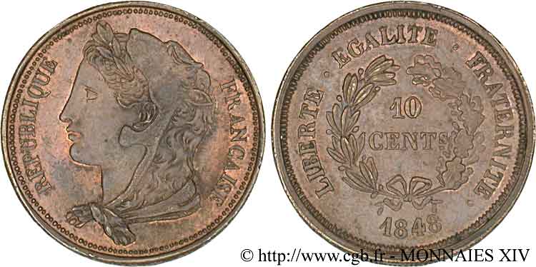 Concours de 10 centimes, piéfort de Gayrard, deuxième concours 1848 Paris VG.3142 var. SPL 