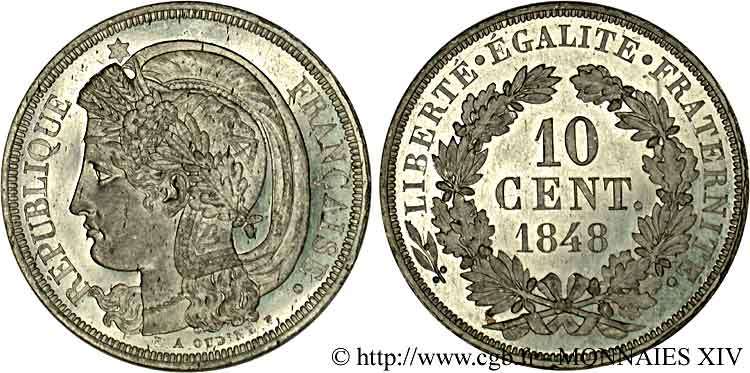 Concours de 10 centimes, essai d’Oudiné 1848 Paris VG.3149 var. de métal SC 