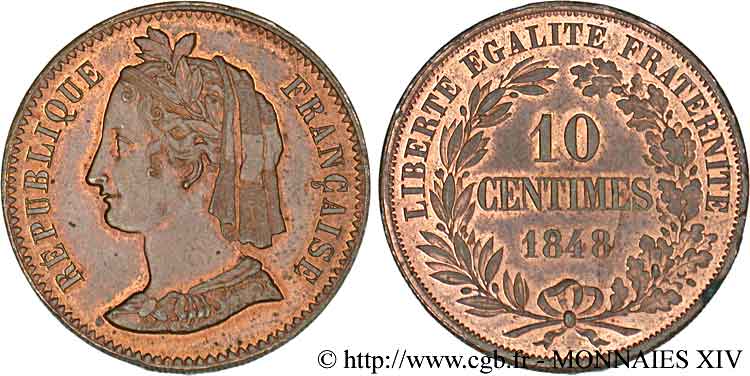 Concours de 10 centimes, piéfort de Rogat, troisième concours 1848 Paris VG.3188 var. SPL 