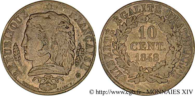 Concours de 10 centimes, essai de Vauthier-Galle 1848 Paris VG.3155 var. MBC 