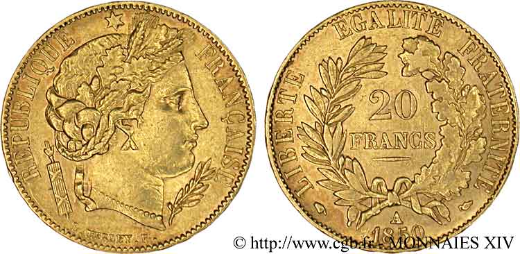 20 francs or Cérès, oreille basse 1850 Paris F.529/3 VZ 