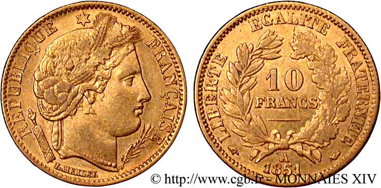 10 francs Cérès Deuxième république, Levrette oreille basse 1851 Paris F.504/3 XF 