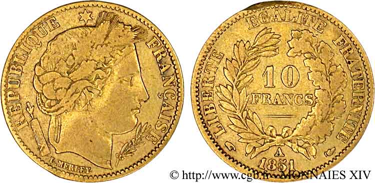 10 francs Cérès Deuxième république, Levrette oreille basse 1851 Paris F.504/3 VF 