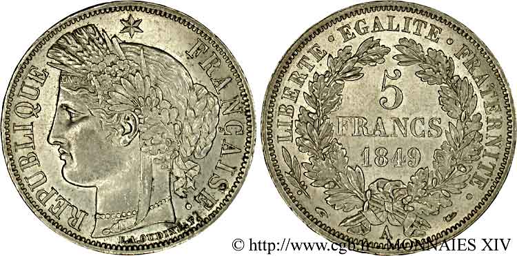 5 francs Cérès Deuxième république 1849 Paris F.327/1 SUP 