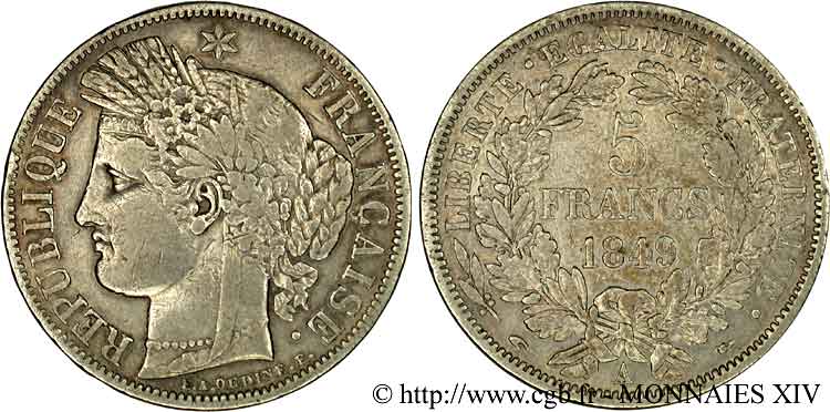5 francs Cérès Deuxième république 1849 Paris F.327/1 TTB 