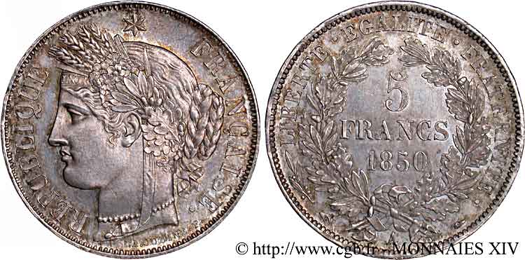 5 francs Cérès Deuxième république 1850 Paris F.327/4 EBC 