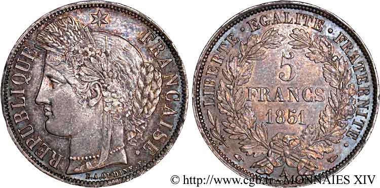 5 francs Cérès, IIe République 1851 Paris F.327/7 VZ 