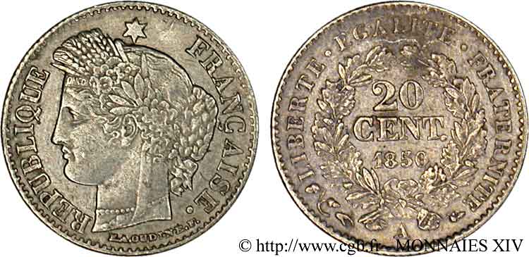 20 centimes Cérès Deuxième république, oreille haute 1850 Paris F.146/2 TTB 