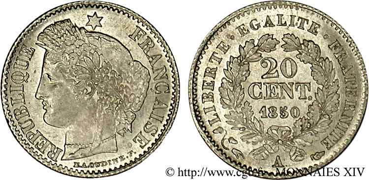 20 centimes Cérès Deuxième république, oreille basse 1850 Paris F.146/3 SC 