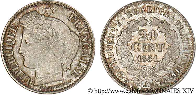 20 centimes Cérès Seconde République 1851 Paris F.146/7 MS 
