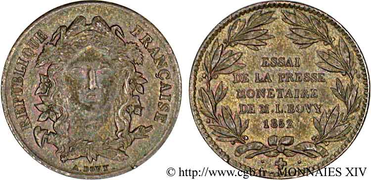 Essai de presse monétaire de Bovy au module de la pièce de 10 francs 1852  VG.3299 var. EBC 