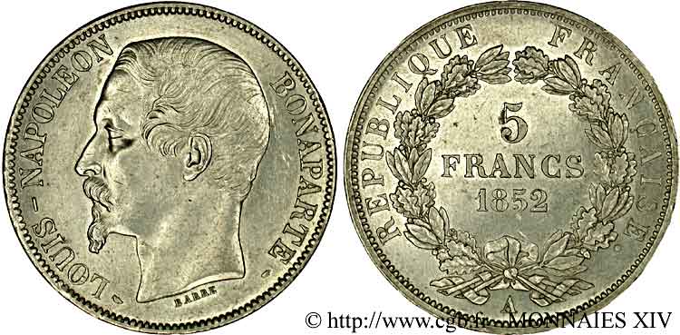 5 francs Louis-Napoléon 1852 Paris F.329/1 EBC 