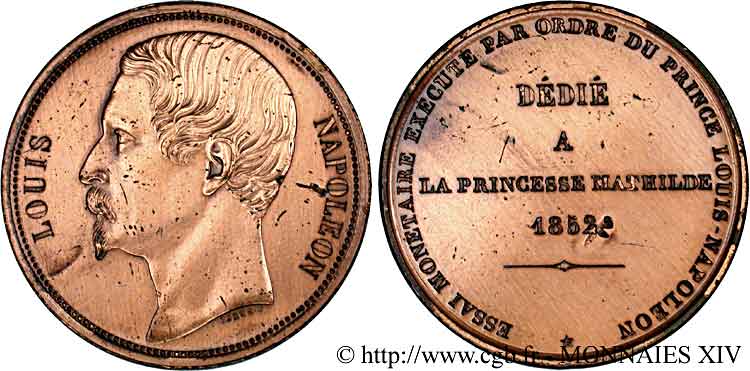 Essai monétaire au module de 5 francs, Louis-Napoléon Bonaparte, par Caqué 1852 Paris VG.3303 var. SPL 