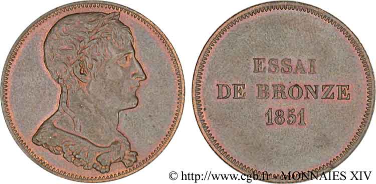 Essai de bronze au module de 10 centimes, Bonaparte 1851 Paris VG.3288  VZ 