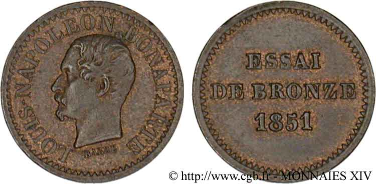 Essai de bronze au module de un centime, Louis-Napoléon Bonaparte 1851 Paris VG.3297  AU 