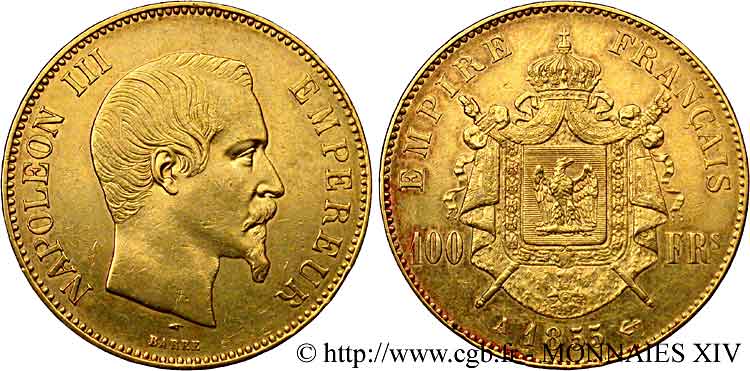 100 francs or Napoléon III tête nue 1855 Paris F.550/1 AU 
