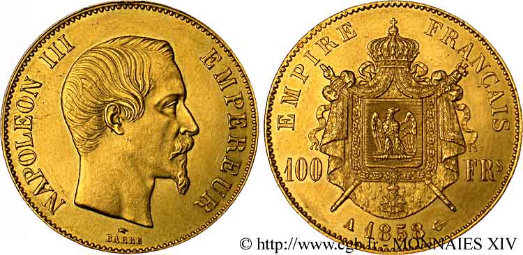 100 francs or Napoléon III tête nue 1858 Paris F.550/5 EBC 