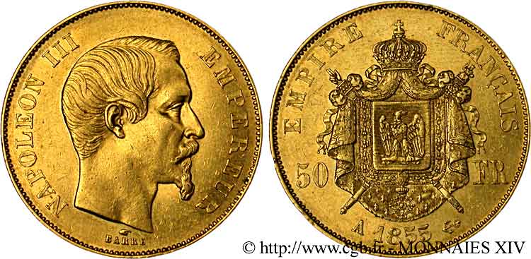 50 francs or Napoléon III tête nue 1855 Paris F.547/1 VZ 