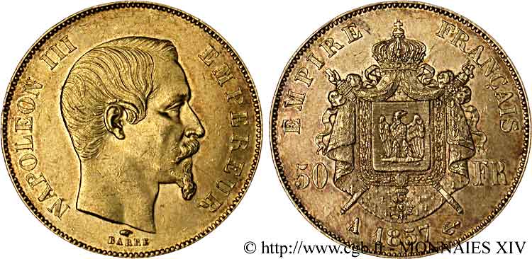 50 francs or Napoléon III tête nue 1857 Paris F.547/4 AU 