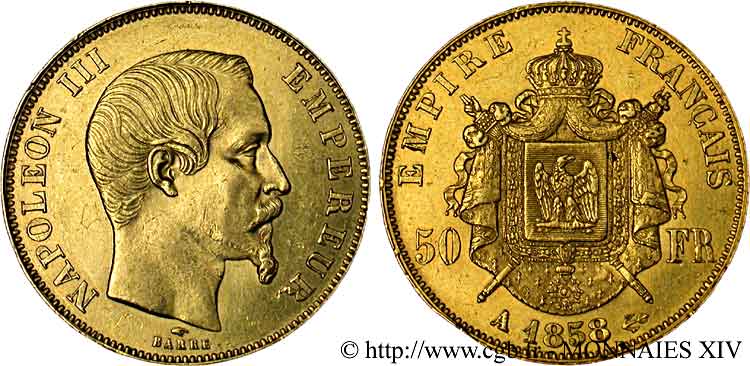 50 francs or Napoléon III tête nue 1858 Paris F.547/5 EBC 
