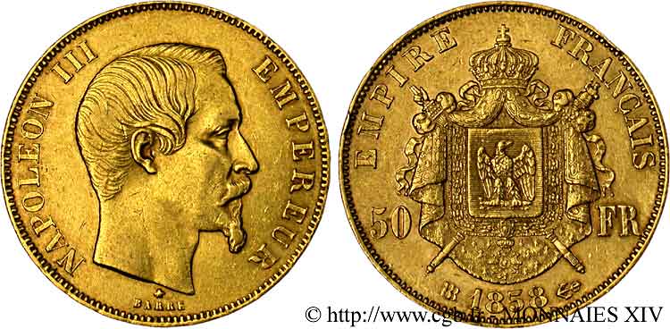 50 francs or Napoléon III tête nue 1858 Strasbourg F.547/6 XF 