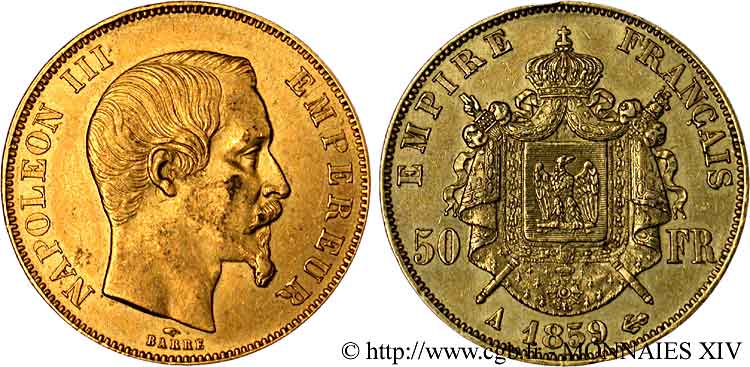 50 francs or Napoléon III tête nue 1859 Paris F.547/7 AU 