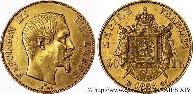 50 francs or Napoléon III tête nue 1859 Strasbourg F.547/8 SS 