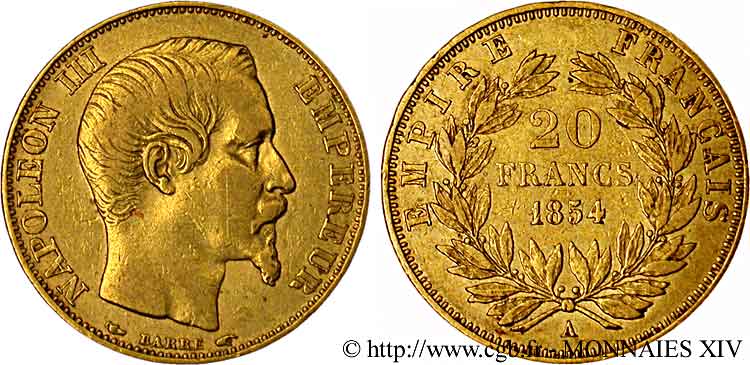 20 francs or Napoléon III tête nue 1854 Paris F.531/2 SS 