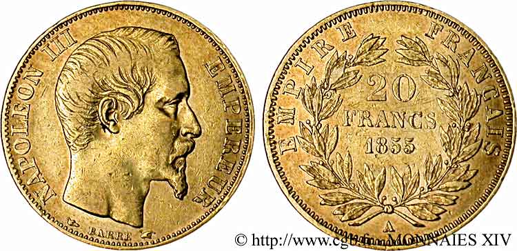 20 francs or Napoléon III, tête nue, différent levrette 1855 Paris F.531/3 SS 