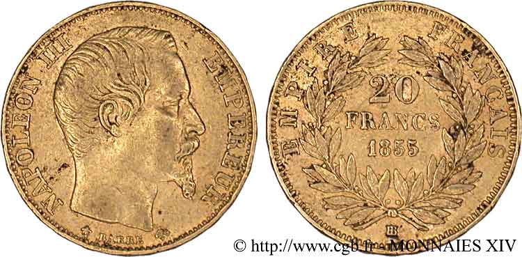 20 francs or Napoléon III tête nue 1855 Strasbourg F.531/6 MBC 