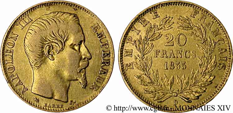 20 francs or Napoléon III tête nue 1855 Lyon F.531/7 XF 