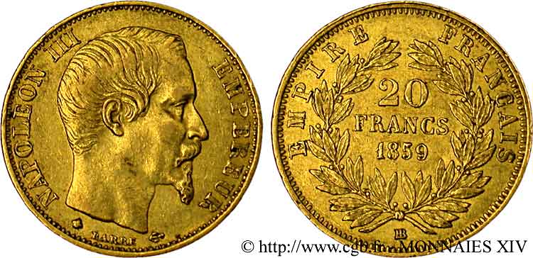 20 francs or Napoléon III tête nue 1859 Strasbourg F.531/16 BB 