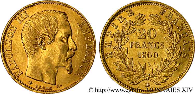 20 francs or Napoléon III tête nue 1860 Strasbourg F.531/20 TTB 