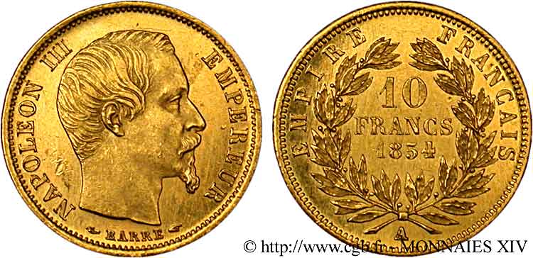 10 francs or Napoléon III tête nue, petit module 1854 Paris F.505A/1 VZ 