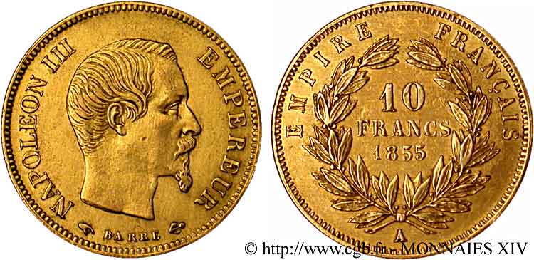 10 francs Napoléon III tête nue, grand module 1855 Paris F.506/1 XF 