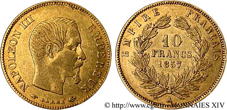 10 francs Napoléon III tête nue, grand module 1857 Paris F.506/4 MBC 