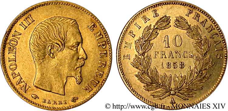 10 francs Napoléon III tête nue, grand module 1858 Paris F.506/5 VZ 