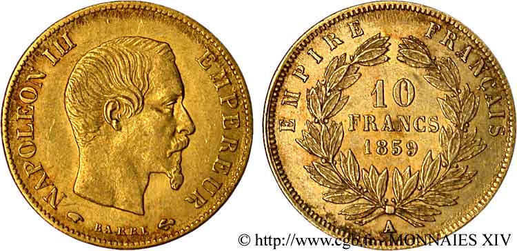 10 francs Napoléon III tête nue, grand module 1859 Paris F.506/7 SS 