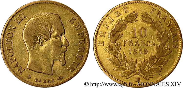 10 francs Napoléon III tête nue, grand module 1859 Strasbourg F.506/8 TTB 