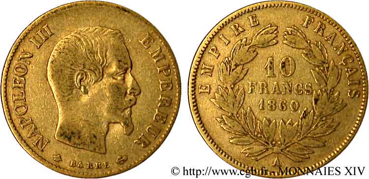 10 francs Napoléon III tête nue, grand module 1860 Paris F.506/10 TB 