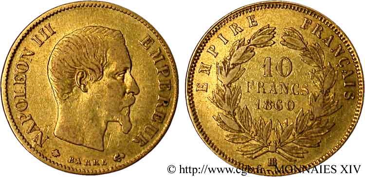 10 francs Napoléon III tête nue, grand module 1860 Strasbourg F.506/11 TB 