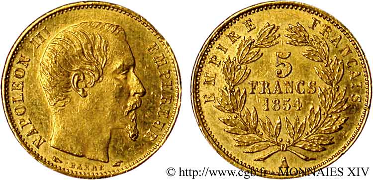 5 francs or Napoléon III tête nue, petit module 1854 Paris F.500/1 VZ 