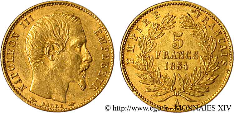 5 francs or Napoléon III tête nue, petit module 1854 Paris F.500A/1 TTB 