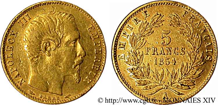 5 francs or Napoléon III tête nue, petit module 1854 Paris F.500A/1 XF 