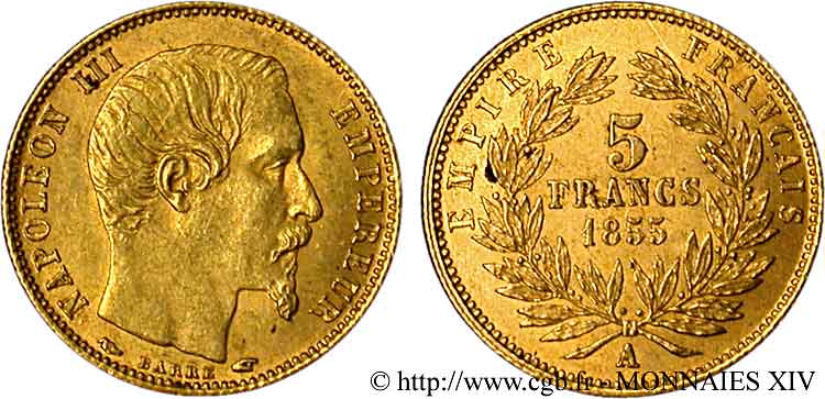 5 francs or Napoléon III tête nue, petit module 1855 Paris F.500A/2 VZ 