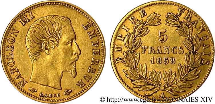 5 francs or Napoléon III tête nue, grand module 1858 Paris F.501/5 TTB 