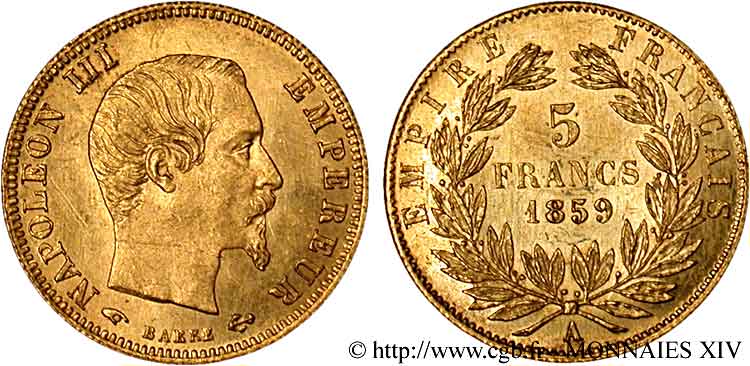 5 francs or Napoléon III, tête nue, grand module 1859 Paris F.501/7 VZ 