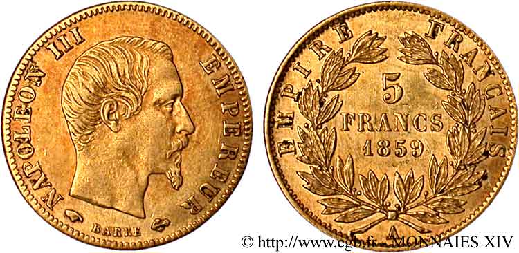 5 francs or Napoléon III, tête nue, grand module 1859 Paris F.501/7 BB 