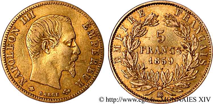 5 francs or Napoléon III, tête nue, grand module 1859 Strasbourg F.501/8 TB 