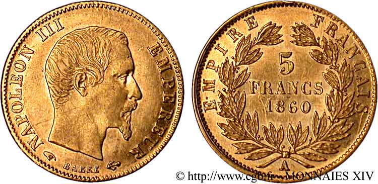 5 francs or Napoléon III tête nue, grand module 1860 Paris F.501/10 SUP 